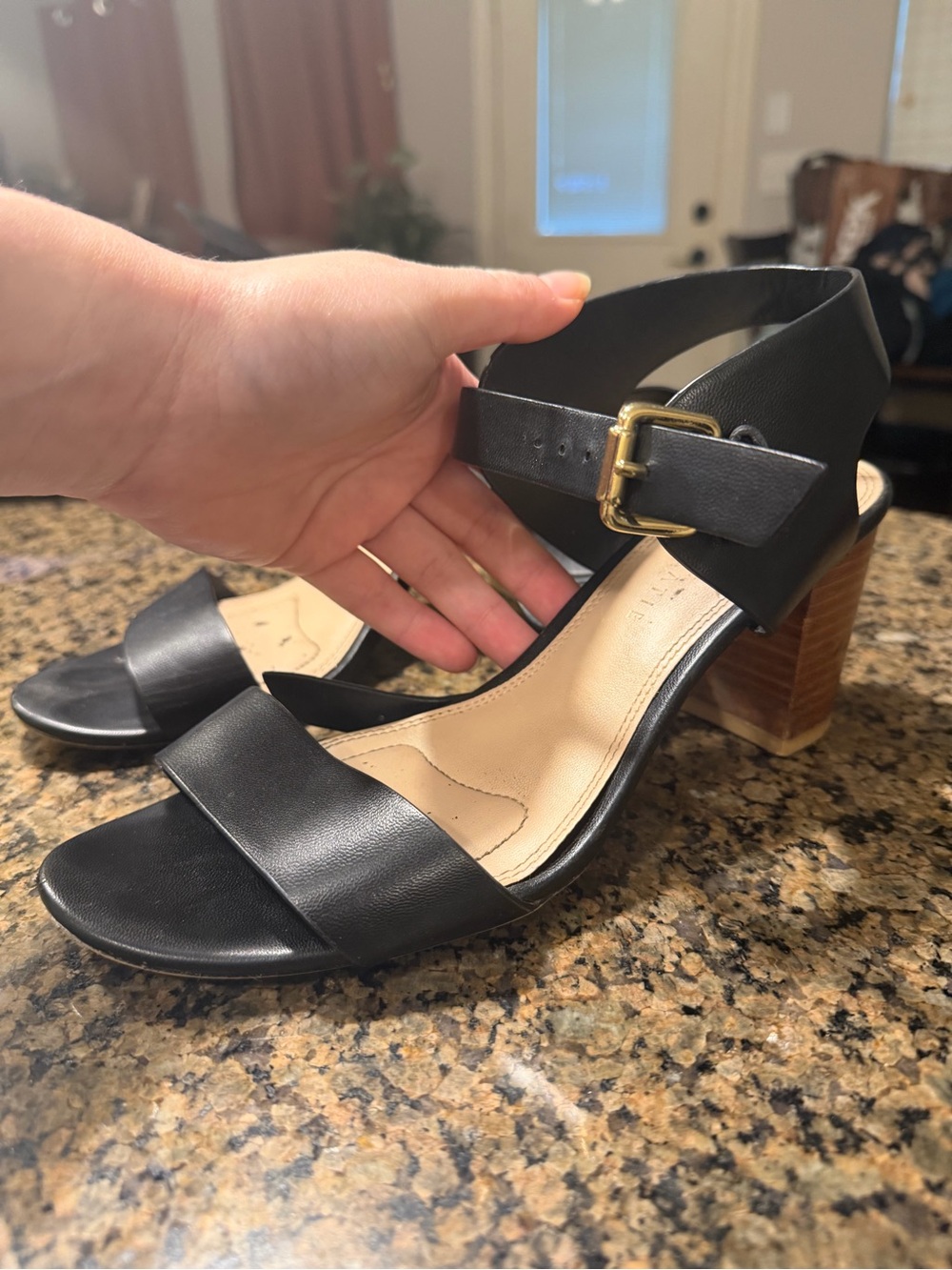Kelly & Katie Black Leather Block Heel Sandals with Gold Buckle